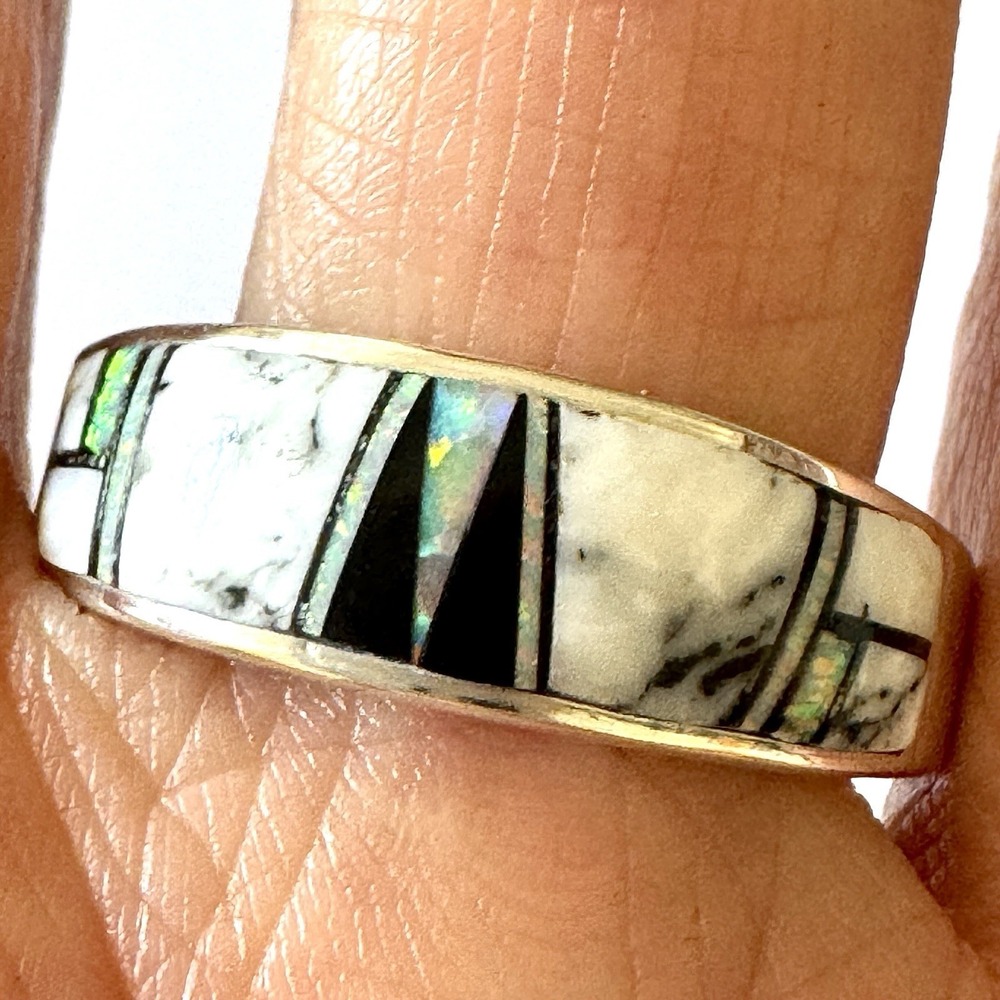 Navajo Wedding Band Sz 13.5 Inlay Ring Opal White Buffalo 8mm Mens Signed A Toli